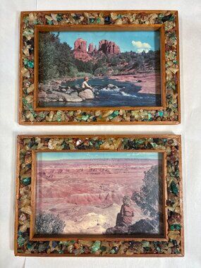 Postcard 1950 Framed W/ Handmade Gemstone Border Painted Dessert Cathedral Rock
